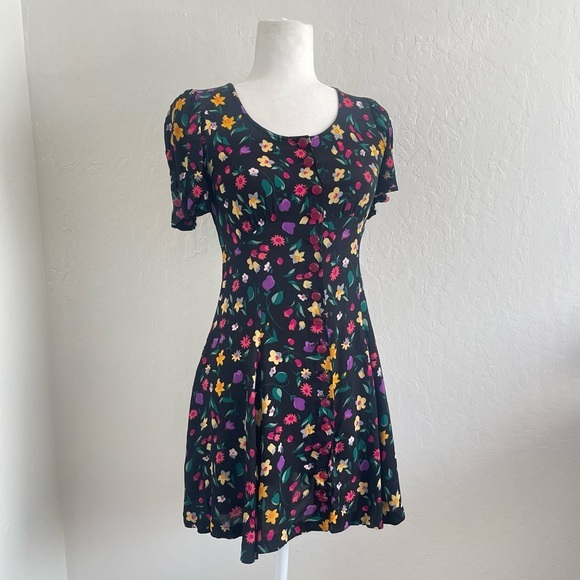 Betsey Johnson Dresses & Skirts - Vintage 1990s Betsey Johnson Black Floral Mini Dress Button Front Womens Size XS